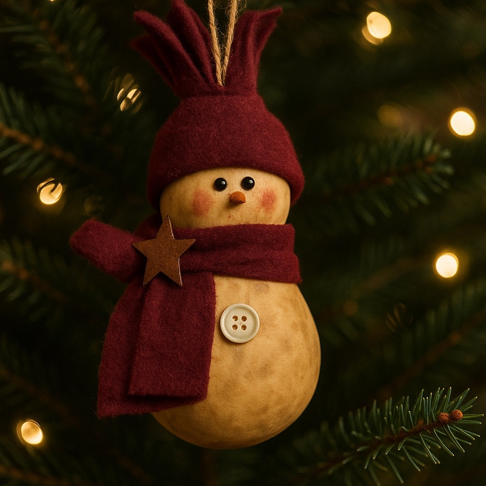 Rustic Primitive Snowman Ornament Burgundy‎ Felt Scarf & Hat Handmade